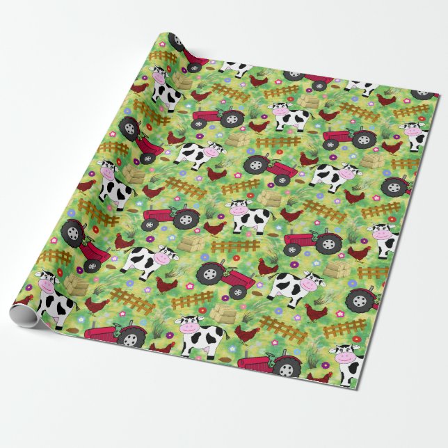 Farm yard cow and red tractor wrapping paper (Unrolled)