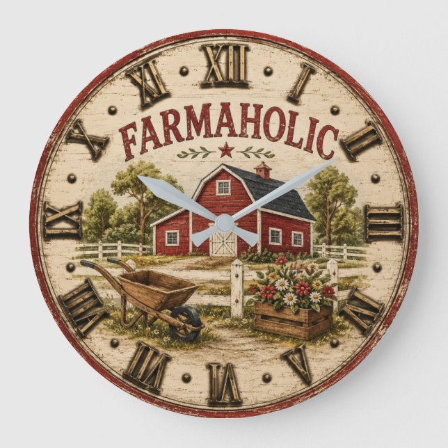 Farmaholic Rustic Red Barn  Large Clock (Front)