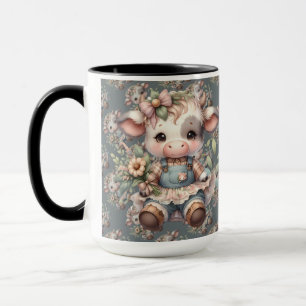 Farmcore Kawaii Calf in Vintage Floral Dress Mug