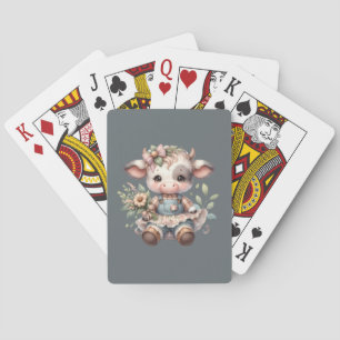 Farmcore Kawaii Calf in Vintage Floral Dress Playing Cards