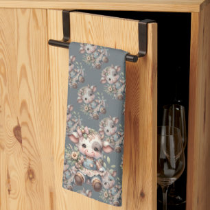 Farmcore Kawaii Calf in Vintage Floral Dress Tea Towel