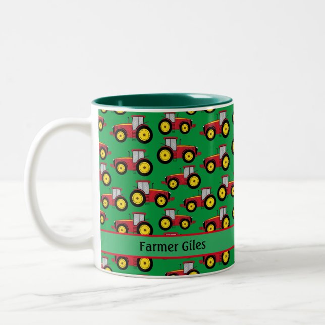 Farmer and Homesteader Mini Tractors on Grass Two-Tone Coffee Mug (Left)
