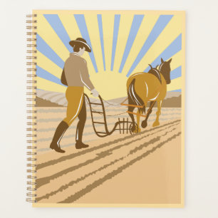 Farmer and Horse Plowing Field Retro Sunrise Planner
