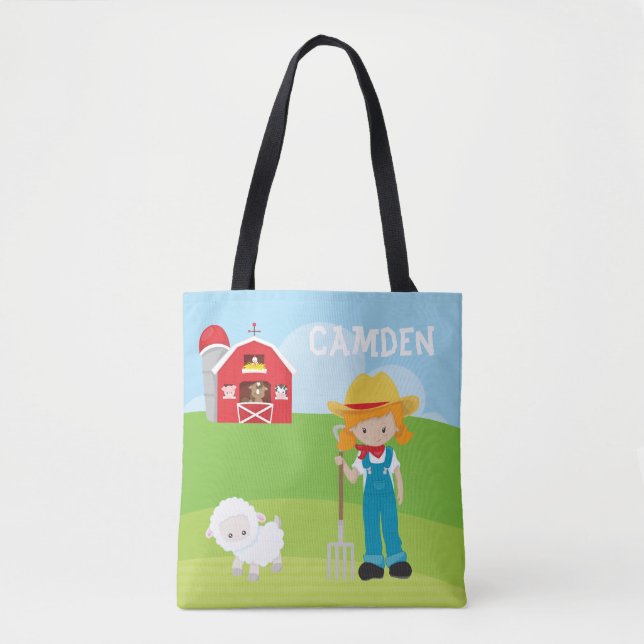 Farmer Barn Girl Kid's Personalised Tote Bag (Front)