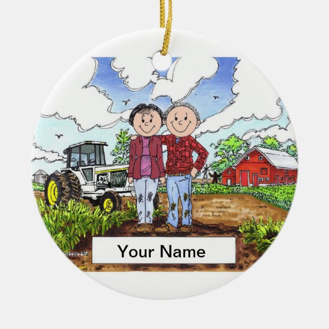 Farmer Couple - White Tractor Ceramic Tree Decoration (Front)