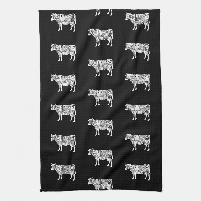 farmer cow beef butcher meat cuts art small holder tea towel (Vertical)