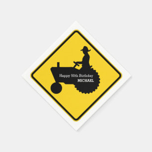 Farmer Driving Tractor Road Sign Personalised Napkin