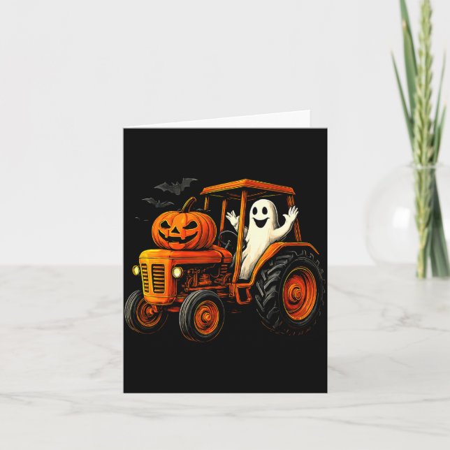 Farmer Ghost Tractor Pumpkin Soky Season Halloween Card (Front)