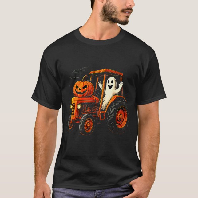 Farmer Ghost Tractor Pumpkin Soky Season Halloween T-Shirt (Front)