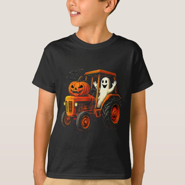 Farmer Ghost Tractor Pumpkin Soky Season Halloween T-Shirt (Front)