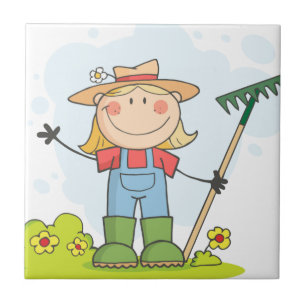 Farmer girl with a rake in grass tile