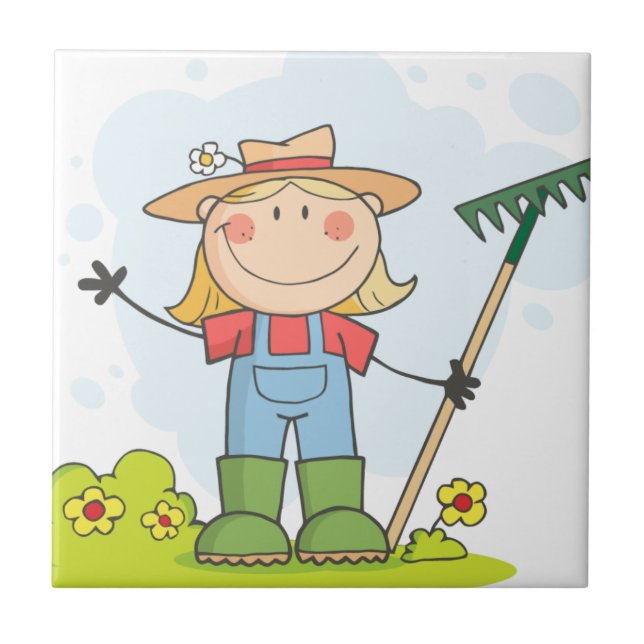 Farmer girl with a rake in grass tile (Front)