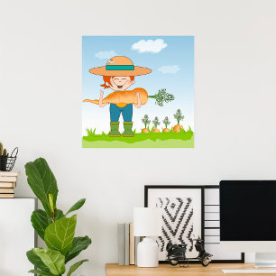 Farmer Girl with Giant Carrot Gardening  Poster