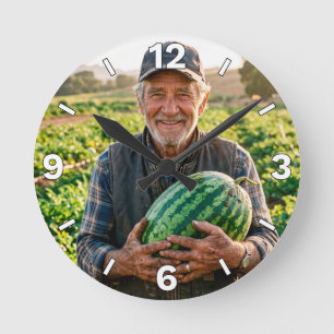 Farmer Holding Fresh Watermelon Farm Decor Round Clock