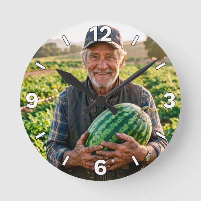 Farmer Holding Fresh Watermelon Farm Decor Round Clock (Front)