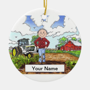 Farmer - Male, White Tractor Ceramic Tree Decoration