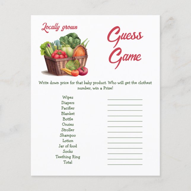 Farmer Market Locally Grown Baby Shower Price Game (Front)
