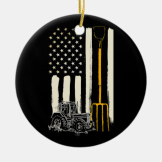 Farmer Patriot American Flag Tractor Rancher Ceramic Tree Decoration