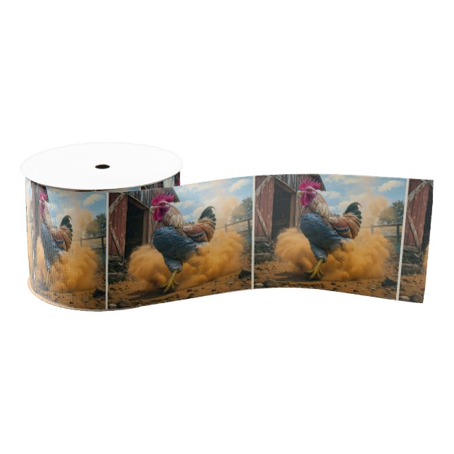 Farmer Rooster Kicking Up Dust Grosgrain Ribbon (Spool)