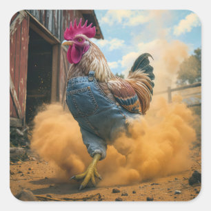 Farmer Rooster Kicking Up Dust Square Sticker