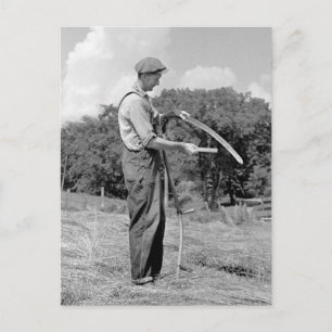 Farmer Sharpening a Scythe, 1930s Postcard