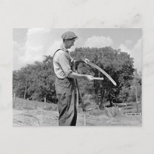 Farmer Sharpening a Scythe, 1930s Postcard