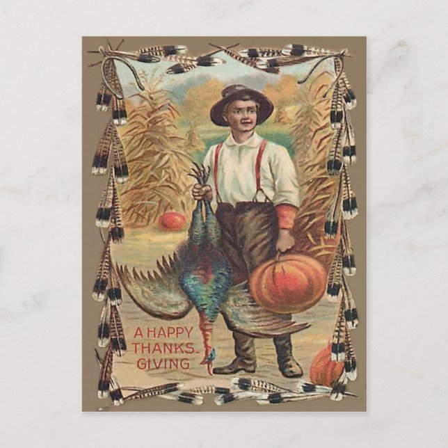 Farmer Turkey Pumpkin Corn Shock Feathers Postcard (Front)