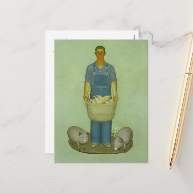 Farmer with Pigs and Corn by Grant Wood Holiday Postcard (Front/Back In Situ)