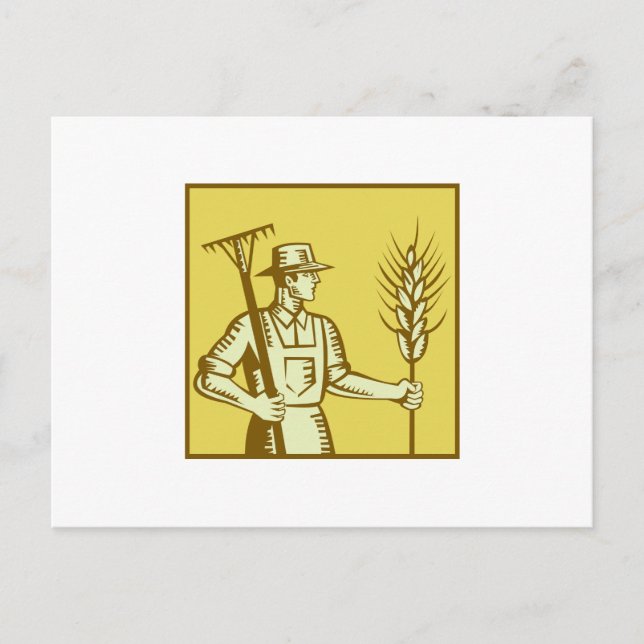 Farmer With Rake and Wheat Woodcut Postcard (Front)