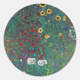 Farmergarden w Sunflower by Klimt, Vintage Flowers Classic Round Sticker