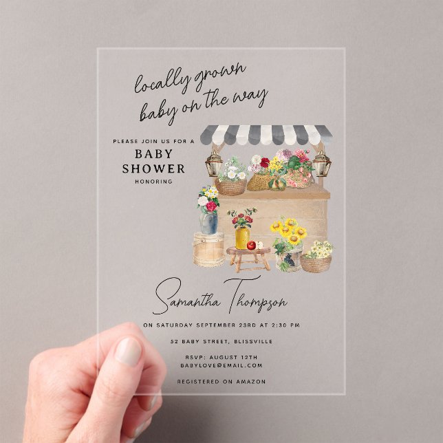Farmer's Flower Cart Stand Market Baby Shower Acrylic Invitations (Insitu (Handheld))