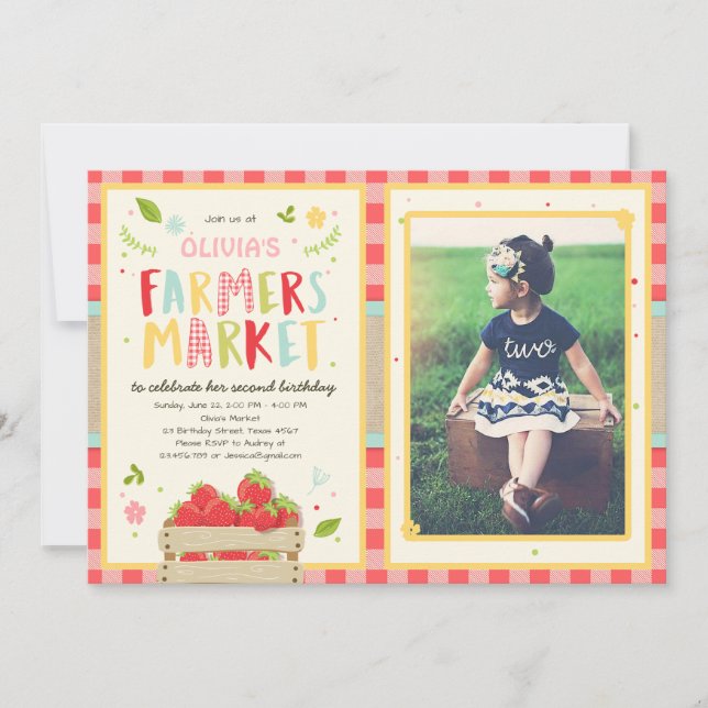 Farmers Market Birthday Invitation Strawberry Farm (Front)