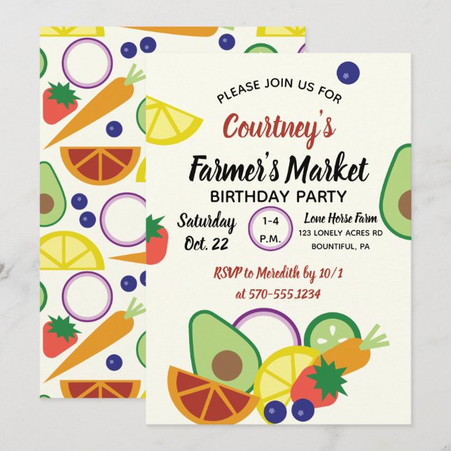 Farmer's Market Birthday Party Fruits and Veggies Invitation (Front/Back)