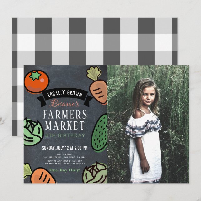 Farmers Market Chalkboard Kids Photo Birthday Invitation (Front/Back)