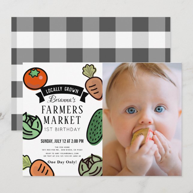 Farmers Market Chic White 1st Birthday Photo Invitation (Front/Back)