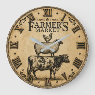 Farmer's Market Farm Animals Rustic Farmhouse Large Clock