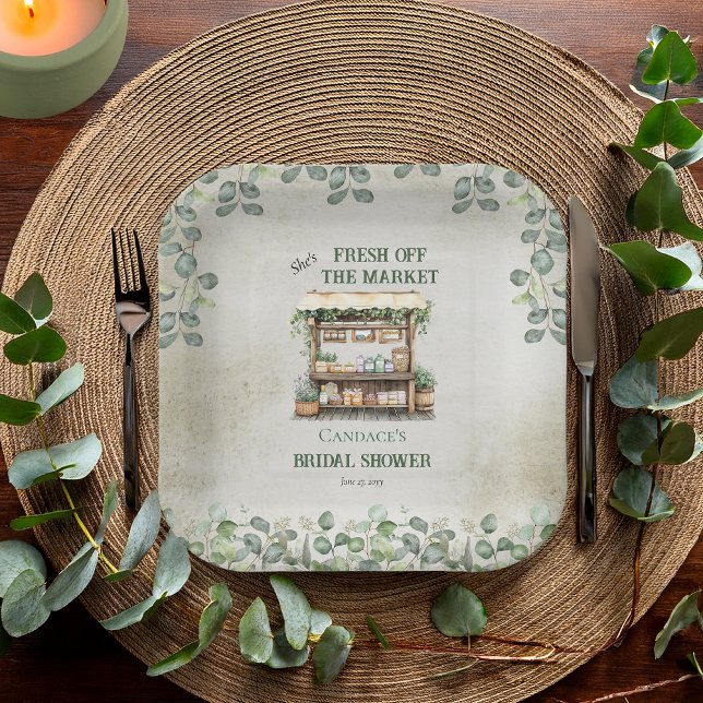 Farmer's Market Farm Stand Welcome Bridal Shower Paper Plate ("She's Fresh Off the Market" Farm Stand | Eucalyptus Farmers Market Bridal Shower Square Paper Plate)