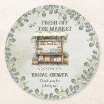 Farmer's Market Farm Stand Welcome Bridal Shower Round Paper Coaster<br><div class="desc">Beautiful forest and sage green eucalyptus and boutique "She's Fresh Off the Market" Farmer's Market Bridal Shower design.  Rustic aged-look front background combined with the greenery laden wood stand and the surrounding overhanging eucalyptus is reminiscent of an open air Italian or country marketplace.</div>