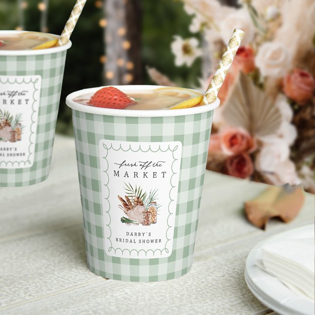 Farmers Market Green Gingham Bridal Shower Paper Cups (Creator Uploaded)