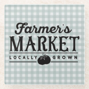 Farmers Market Grey Gingham Glass Coaster