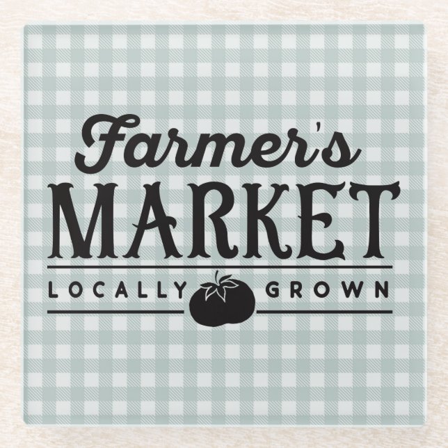 Farmers Market Grey Gingham Glass Coaster (Front)