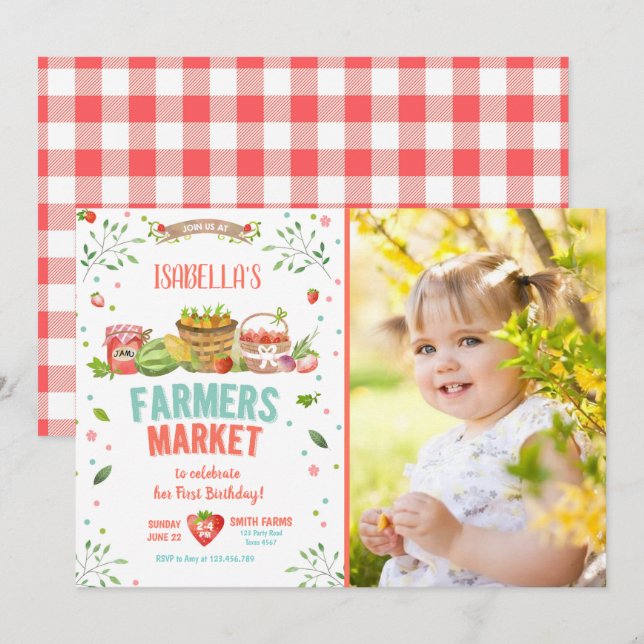 Farmers Market Grown Veggies Fruits Red Girl Party Invitation (Front/Back)