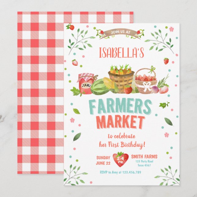 Farmers Market Grown Veggies Fruits Red Girl Party Invitation (Front/Back)