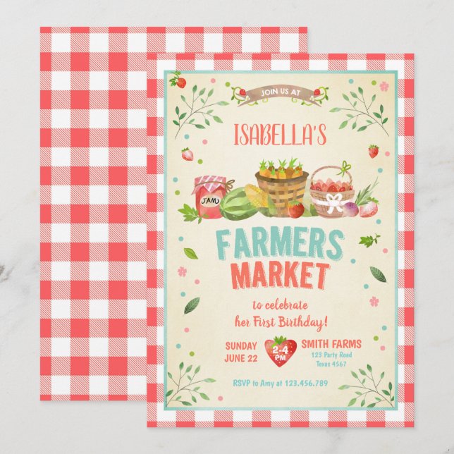 Farmers Market Grown Veggies Fruits Red Girl Party Invitation (Front/Back)