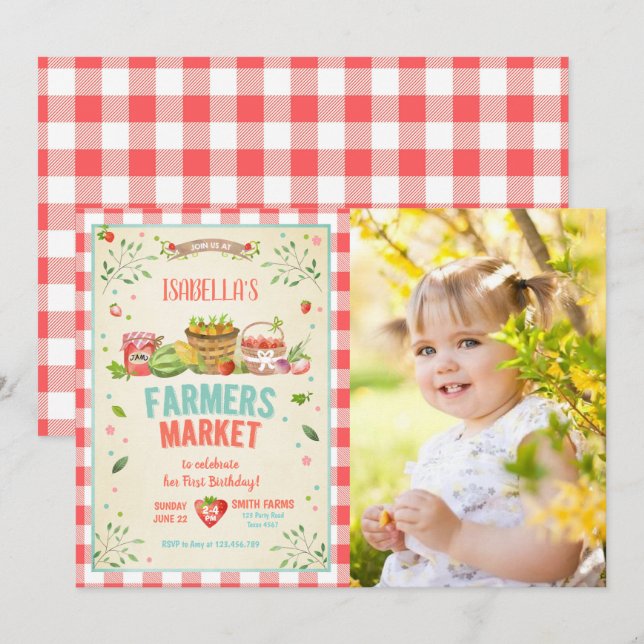 Farmers Market Grown Veggies Fruits Red Girl Party Invitation (Front/Back)
