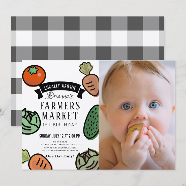 Farmers Market Kraft Paper 1st Birthday Photo Invitation (Front/Back)