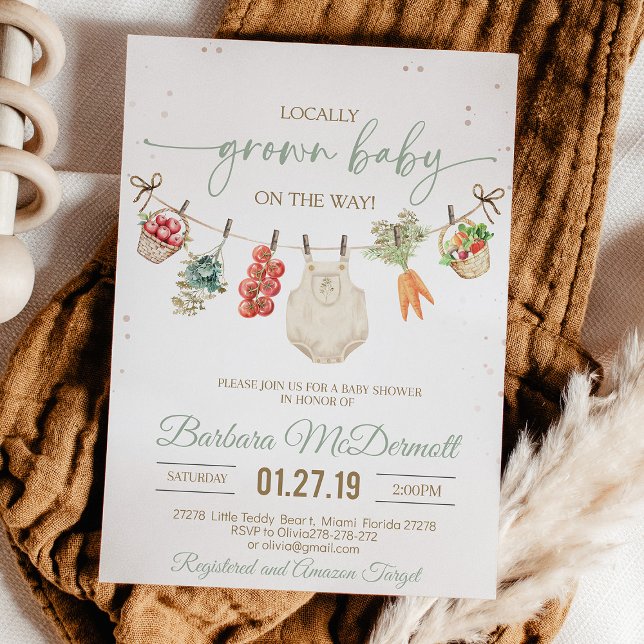 Farmers market Locally grown baby shower Invitation (Rustic farmers market baby shower setup with fresh fruit decorations, wooden crates, and natural col)