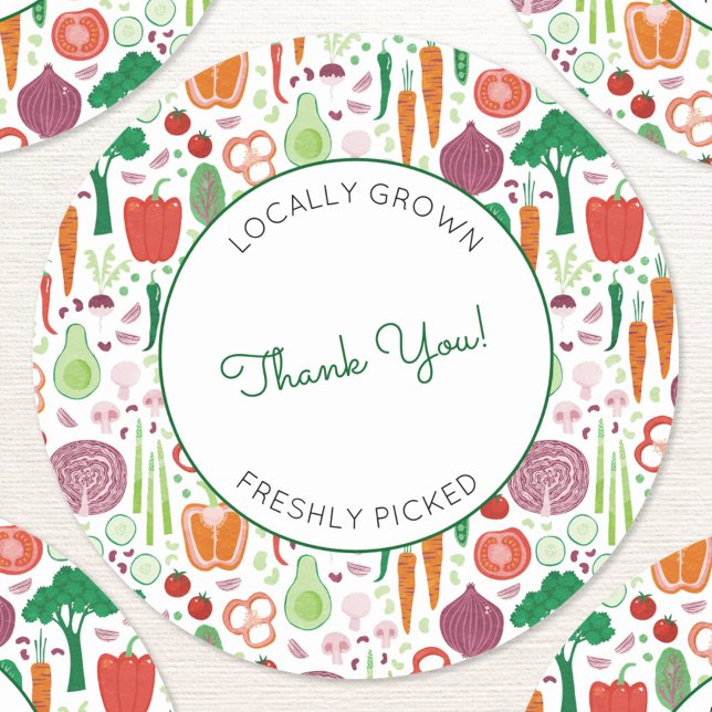 Farmers Market Locally Grown Thank You Classic Round Sticker (Farmers market locally grown freshly picked vegetable patterned thank you stickers )