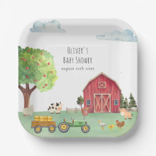 Farmers Market Red Barnyard Tractor Baby Shower Paper Plate
