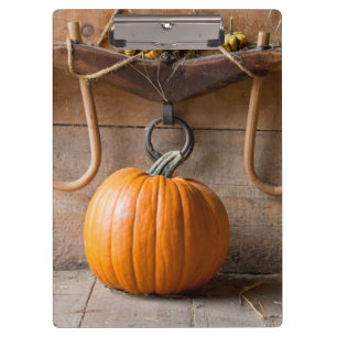 Farmers Museum. Pumpkin in barn with bale of hay Clipboard